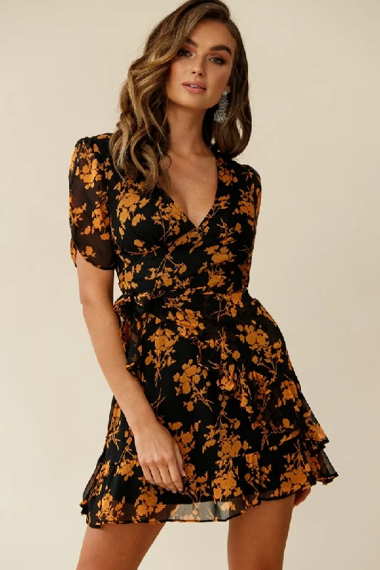 Modern Fashion Sale Wonderland Wrap Front Tea Dress Floral Print Black/Mustard Bold Patterns