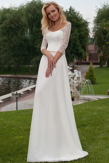 Trendy Styles Appliqued 3-4 Sleeve Scoop Neck Chiffon Wedding Dress Charming Silhouette