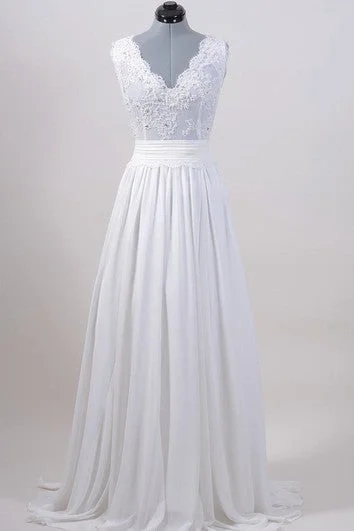 Spring Fashion A-Line Sleeveless V-Neck Chiffon Dress With Lace Bodice and Cinched Waistband Effortless Comfort