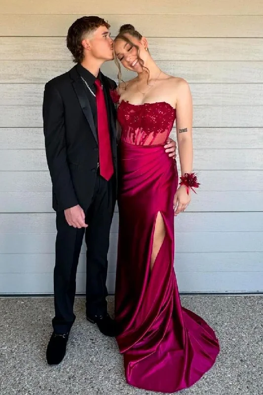 Big Savings Charming Strapless Burgundy Lace Appliques Long Prom Dress Slit Mermaid Evening Gown Y7883 Early Access To Art Deco Styles Sale