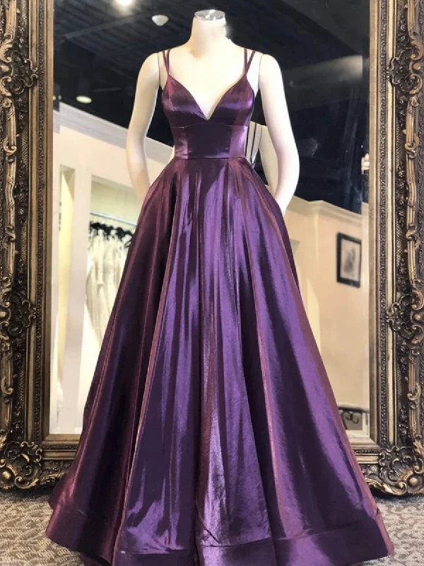 Fashion Sale V Neck Purple Satin Long Prom Dresses, Purple Formal Graduation Evening Dresses Boho - Chic Festival - Ready Style