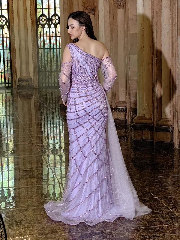 Casual Chic Long Couture Long Sleeve Hand Beaded Formal Dress Lilac Parisian Effortless Chic Style