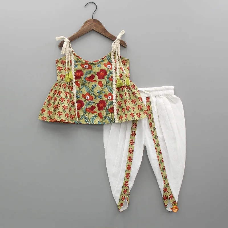 Relaxed Style Hand Block Floral Printed Sage Green Top With Dhoti Graceful Movement