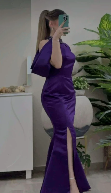 Crazy Price Slashing Elegant Purple Halter Mermaid Satin Long Formal Prom Dress, D199 Luxury Style