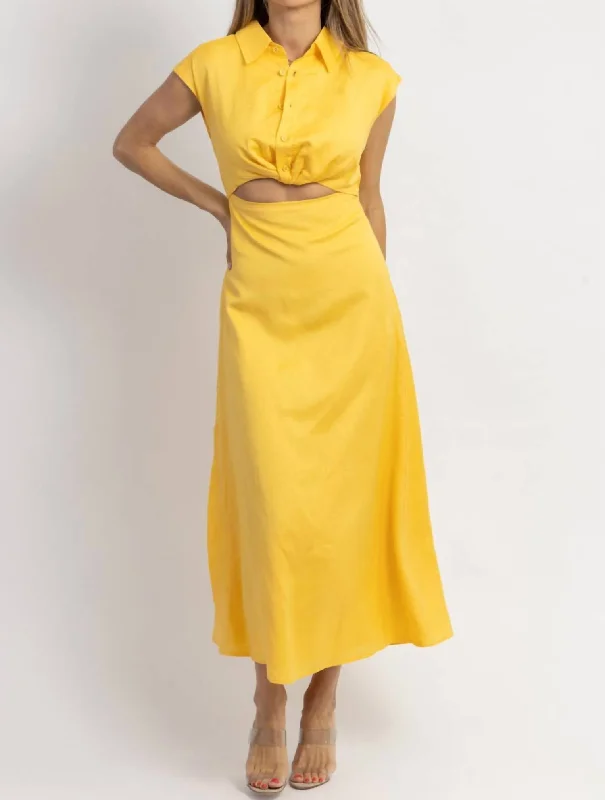 Flash Sale Now Button Down Midi Dress In Jacey Yellow Art Deco Geometric Pattern Look