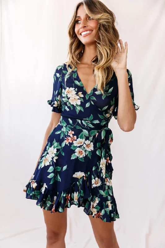 Athleisure Style Sale Omara Floral Wrap Ruffle Trim Dress Navy Feminine Flow