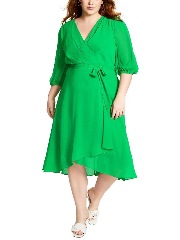 Season Offer Plus Womens Chiffon Faux Wrap Midi Dress Vintage Retro Party Wear
