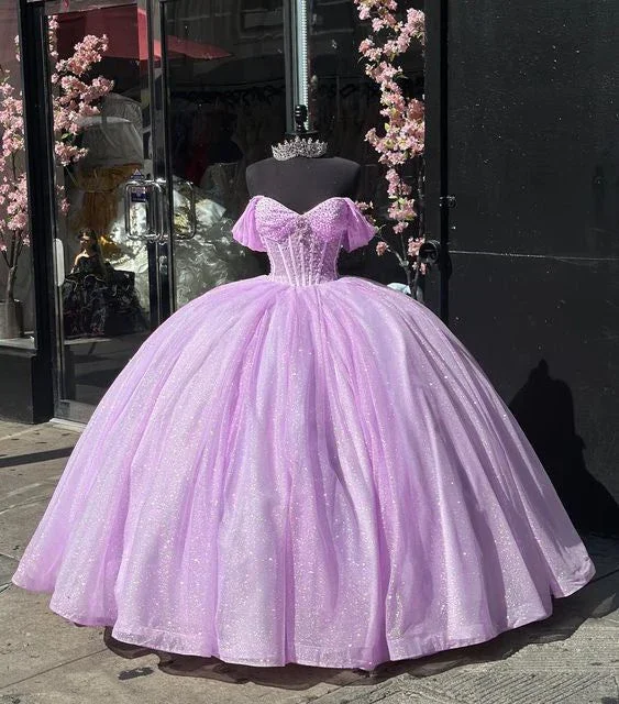 Unleash Your Fashion Glitter Off The Shoulder Lilac Tulle Beaded Ball Gown Quinceanera Dress  Y7463 Graceful Cut