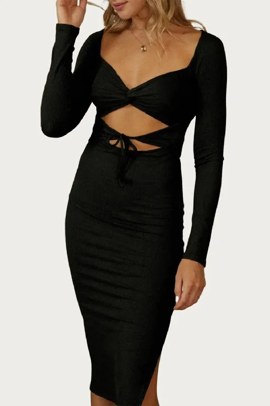 Casual Fashion Solid Rib Cross Front Midi Dress In Black Tropical Island - Inspired Attire