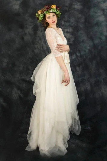 Trendy Women'S Wear Collection Vintage Tulle Lace V-Neck Half Sleeve Dress With Bow Draping Graceful Cut