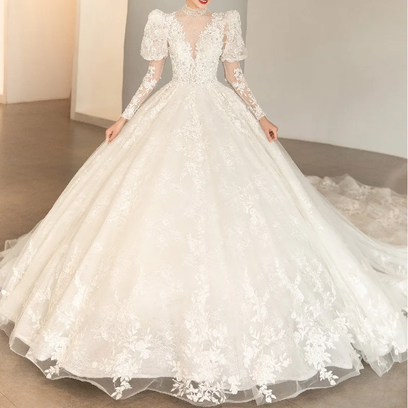 Budget Friendly Sheer O-neck Puffy Lantern Long Sleeve Lace Wedding Dresses Casual Weekend Relaxed Style