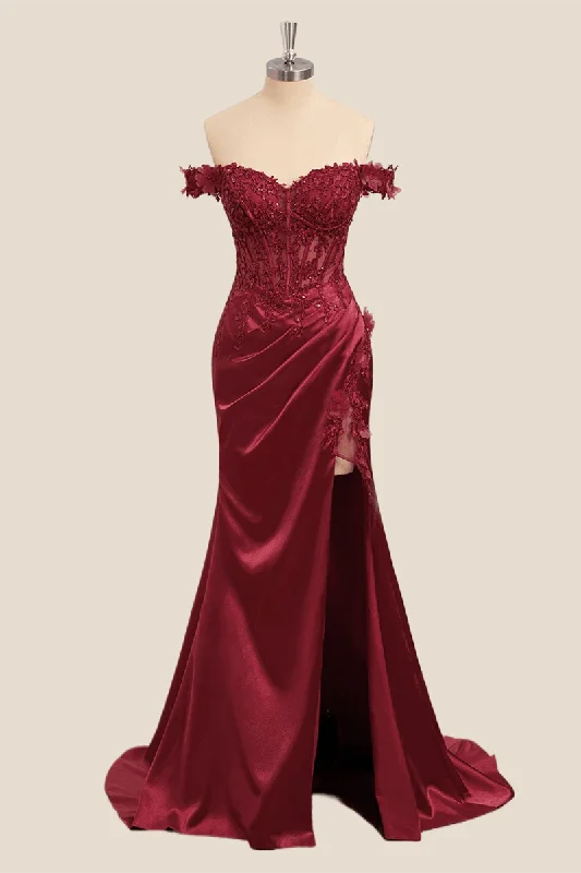 Stupidly Low Prices Lace Off the Shoulder Wine Red Satin Mermaid Dress Elegant Ensemble