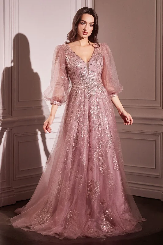 Must Haves Cinderella Divine CD0102 A Line Long Sleeve Beaded Formal Dress Casual Elegance