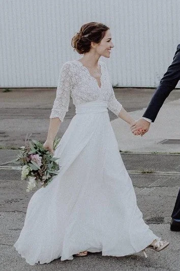 Latest Fashion Ethereal Chiffon and Lace Scalloped 3/4 Sleeve Wedding Dress with ruching Feminine Flow