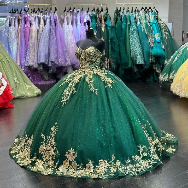 Exclusive Discounts Glitter Sweetheart Green Tulle and Gold Appliques Ball Gown Sweet 16 Dress Princess Dress Y4304 Romantic Flair