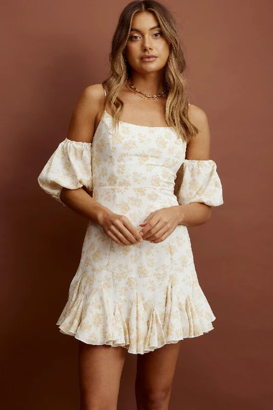Classic Elegance Sales Southern Belle Godet Hem Mini Dress Floral Yellow Lightweight Fabric