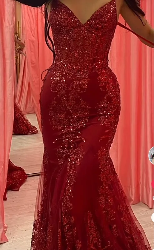 Fashion Sale Charming Red Tulle Lace Mermaid Prom Dress Evening Gown Y7854 Dreamy Aesthetic