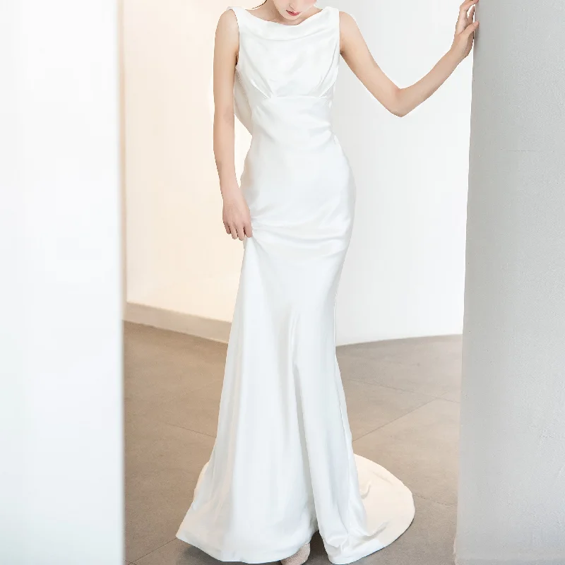 Fashionable Comfort Promotions Simple Plain Satin Mermaid Wedding Dress with Open Back Playful Elegance