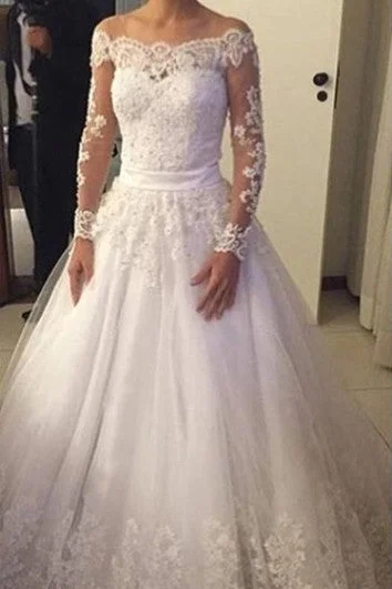 Classy Style Discounts Gorgeous Off-shoulder Long-sleeved Lace Ball Gown Illusion Style Luxe Layering