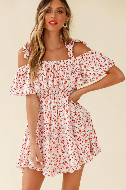 Massive Savings Hacienda Bardot Neckline Frill Dress Floral Print White Y2K Nostalgic Fashion Look