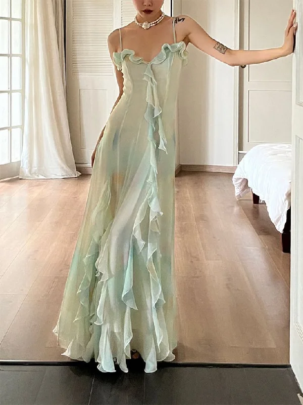 Seasonal Fashion Beautiful Green Chiffon Layered Ruffle Prom Dress Straps Evening Gown Y7897 Great Deals On Ethnic Cultural Wear