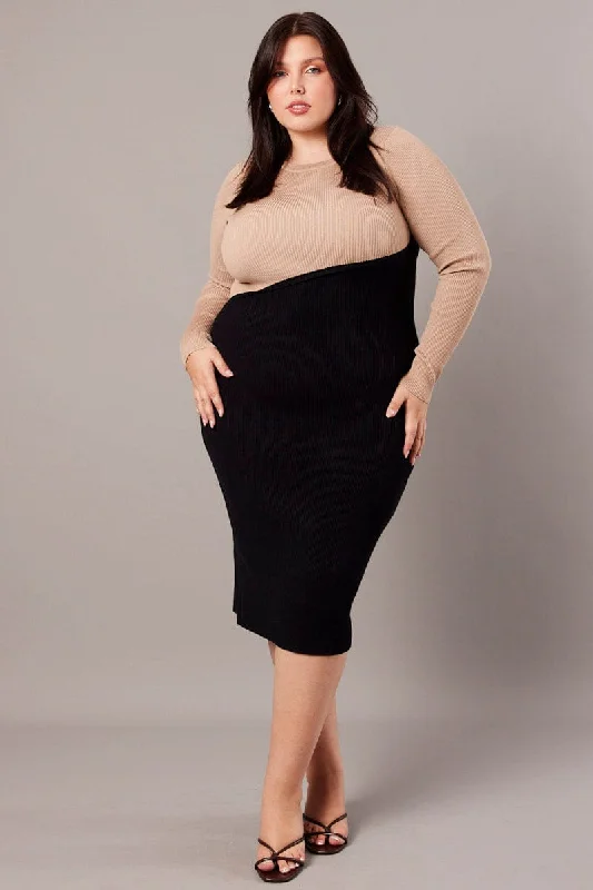 Stay Ahead In Style Beige Knit Dress Long Sleeve Color Block Weekend Special