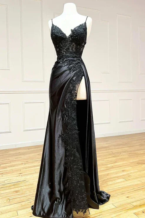 Unleash Your Style Black Spaghetti Straps Lace Satin Split Sheath Long Party Dress, D39 Alluring Design