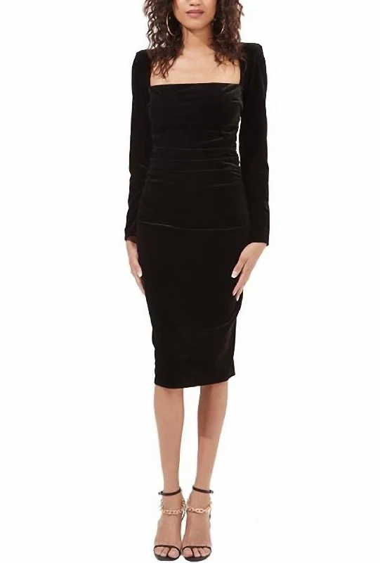 Vintage Style Deals Virginia Velvet Square Neck Midi Dress In Black Holiday Sale
