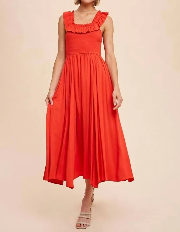 Chic Style, Always In Vogue Sylvia Ruffle Midi Dress In Chili Romantic Flair