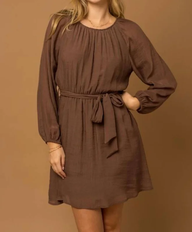 Classic Modern Offers Long Sleeve Shirring Neck Waist Tie Dress In Brown Subtle Sophistication
