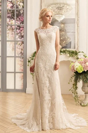 Sophisticated Fashion Sheath Floor-Length Scoop Cap-Sleeve Illusion Lace Dress With Appliques Tropical Island - Inspired Attire