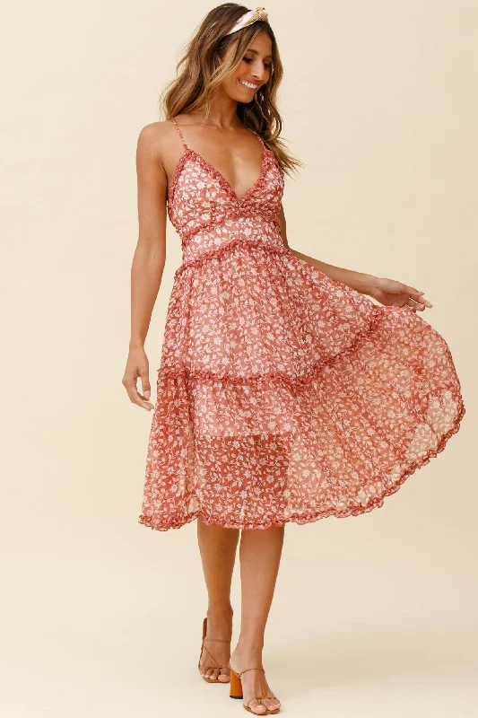 Summer Deals Laney Low Back Cami Strap Midi Dress Floral Print Rose Classic Timeless Elegant Style