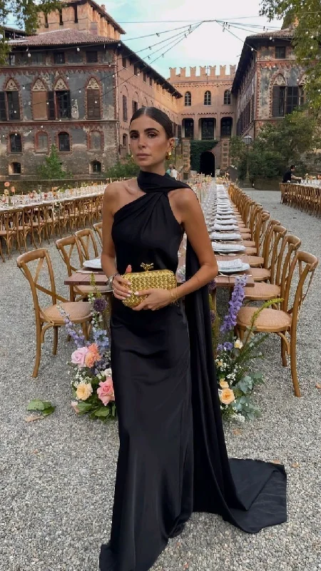 Special Offers Black Halter Sheath Satin Long Formal Party Dress Elegant Evening Dress, D363 Hollywood Glam Award - Show Style