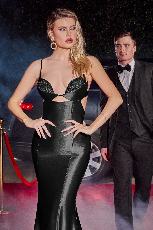 The Latest Trends Long Fitted Cutout Satin Dress by Ladivine Y030 Sophisticated Cut