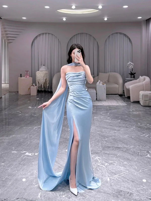 Crazy Discounts, Hurry Up Light Blue Strapless Sheath Satin Long Evening Party Dress, D202 Sleek Design