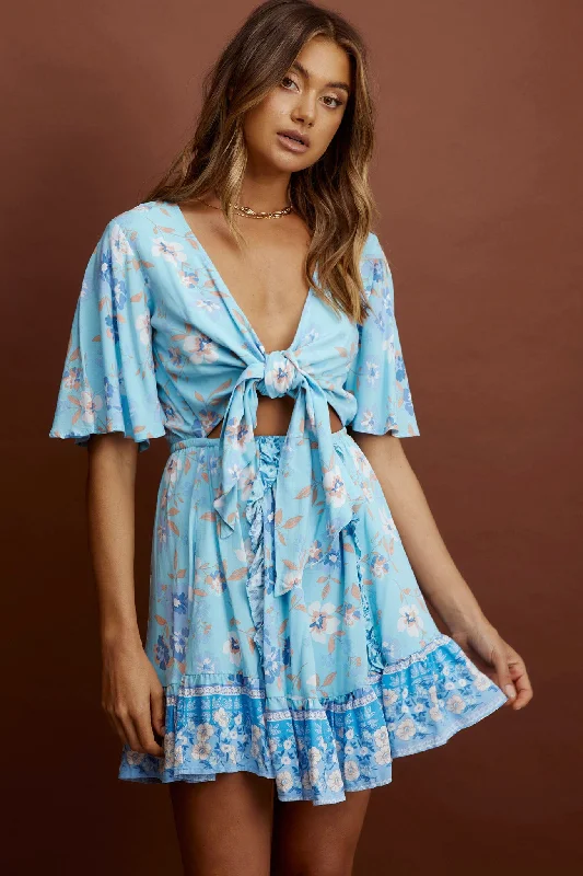 Shop Sales Suva Tie-Knot Bust A-Line Dress Floral Blue Vibrant Prints