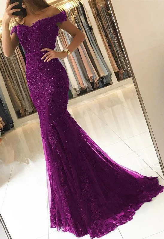 Affordable Luxury Fashion Off Shoulder Lace V-neck Mermaid Prom Dresses Purple Formal Evening Gowns Y198 Sleek Design