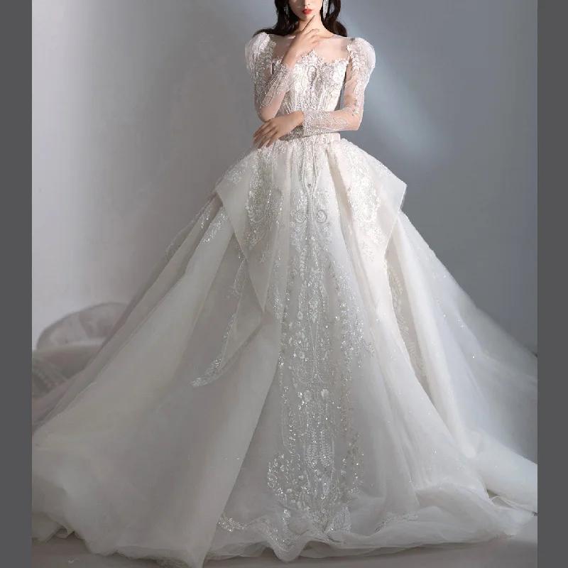 New In This Season Lantern Long Sleeve Ball Gown Wedding Dress with Ruffle Skirt Hollywood Glam Award - Show Style