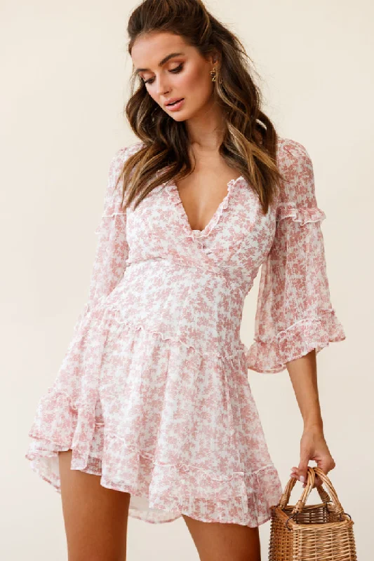You'Ll Love Us Because Albany Lace Up Back Frill Dress Tiny Floral Print Pink Limited - Edition Drops