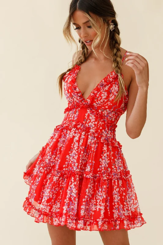 Chic Trends Unveiled Laney Low Back Cami Strap Dress Floral Vine Print Red Minimalist Office - Ready Style