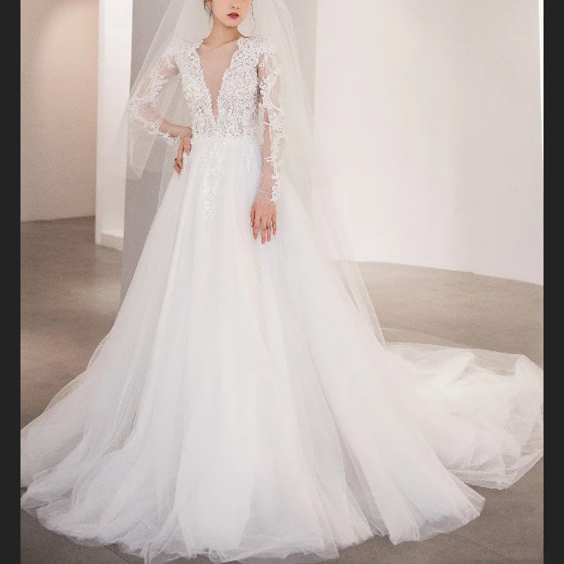 Limited-Time Offer Sheer Long Sleeve A-line Wedding Dress with Deep V Neckline Elevated Style