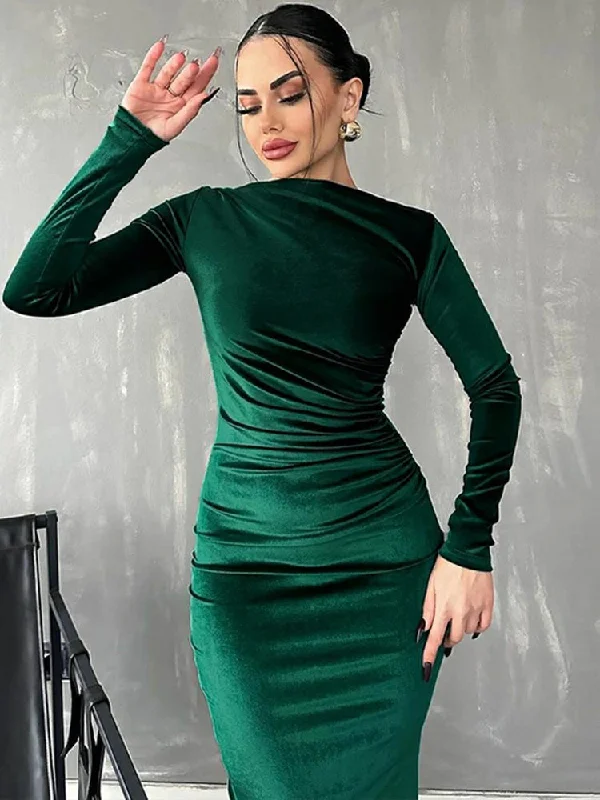 Women's Elegant Evening Outfit Fashion Essentials Velvet Long Sleeve Midi Dress - Elegant Party Clothes for Christmas Party Women's Elegant Evening Outfit Fashion Essentials Velvet Long Sleeve Midi Dress - Elegant Party Clothes for Christmas Party