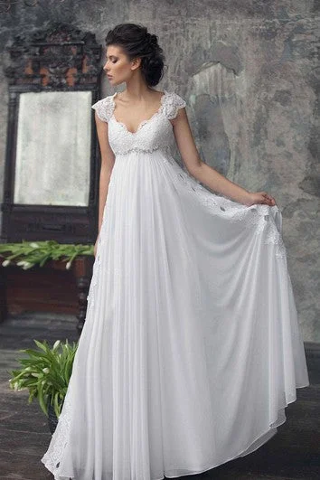 Elevated Casual Discounts Empire Cap-Sleeve Chiffon Dress With Pleats And Appliques Refined Look