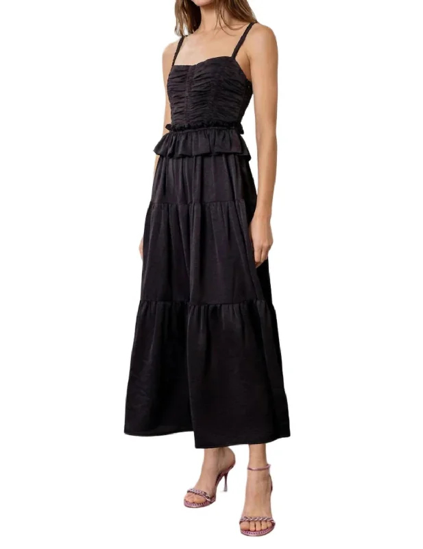 Don't Miss Out Shirred Midi Dress In Black Graceful Drape