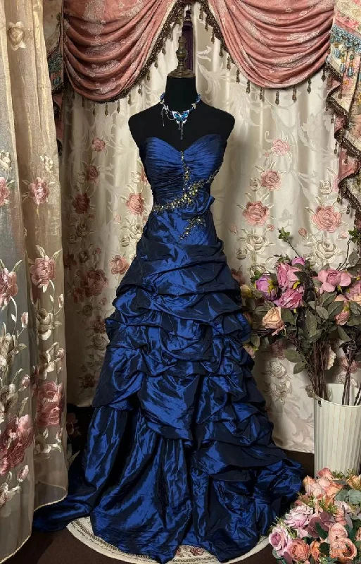 Fashion Forward, Function First Navy Blue Sweetheart A-Line Satin Vintage Evening Gown, D07 Lightweight Fabric