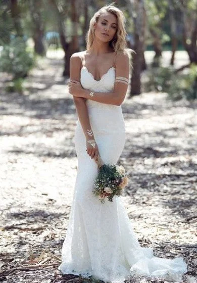 Exclusive Sale Sexy Spaghetti Straps Deep V Back Mermaid Lace Gown With V Neck Alluring Design
