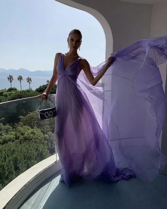 Refined Fashion Sale Simple Purple V Neck Tulle Prom Dress Long Evening Gown Y7774 Final Clearance