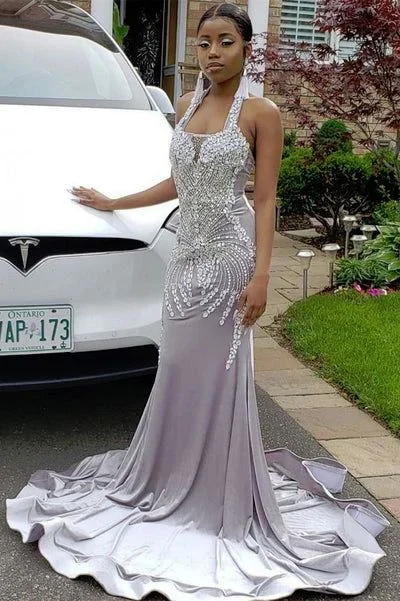 Fashion Sale Halter Sparkle Crystal Silver Prom Dresses Fit and Flare Alluring Backless Evening Gowns Y157 Graceful Cut