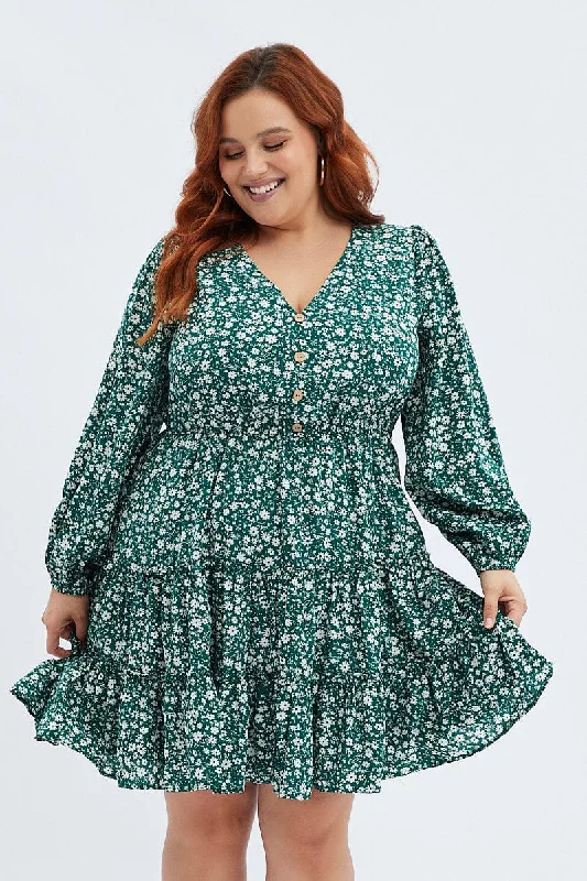 Unleash Your Fashion Green Ditsy Fit And Flare Dress Long Sleeve Button Front Great Deals On Ethnic Cultural Wear