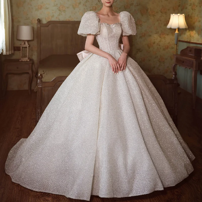 Season Offer Puffy Short Sleeve Sparkly Square-neck Wedding Dress with Bowknot Elegant Details